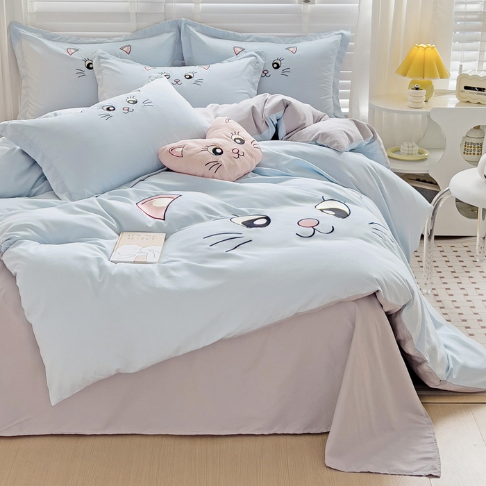 91家纺网 家纺一手货源 找家纺 娜娜 2023新款亲肤柔软水洗磨毛毛巾绣四件套-咪咪猫 咪咪猫-蓝灰