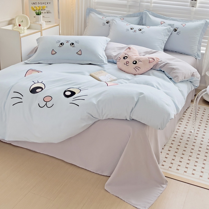 91家纺网 家纺一手货源 找家纺 娜娜 2023新款亲肤柔软水洗磨毛毛巾绣四件套-咪咪猫 咪咪猫-蓝灰