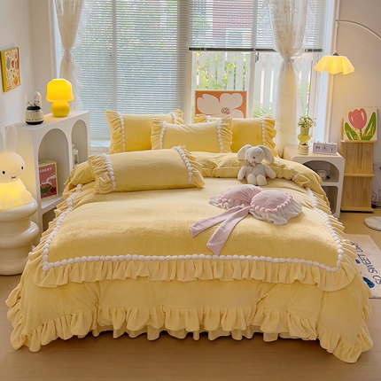 言熙居 2023直播爆款高克重韩版纯色牛奶绒法莱绒小清新四件套 珍珠-黄