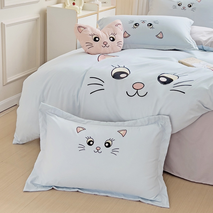 91家纺网 家纺一手货源 找家纺 娜娜 2023新款亲肤柔软水洗磨毛毛巾绣四件套-咪咪猫 咪咪猫-蓝灰