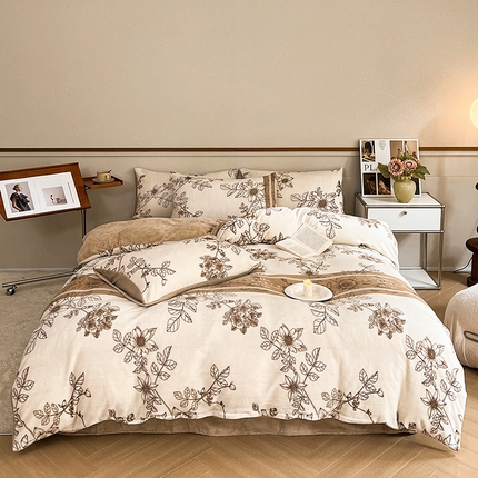 桃子家居 2023新款ins法式复古赫本碎花山茶花卉加厚牛奶绒系列四件套 绒-浮笙