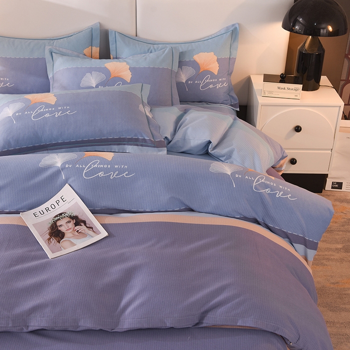 91家纺网 家纺一手货源 找家纺 简如   2025新款全棉磨毛印花四件套 若雨千叶-蓝