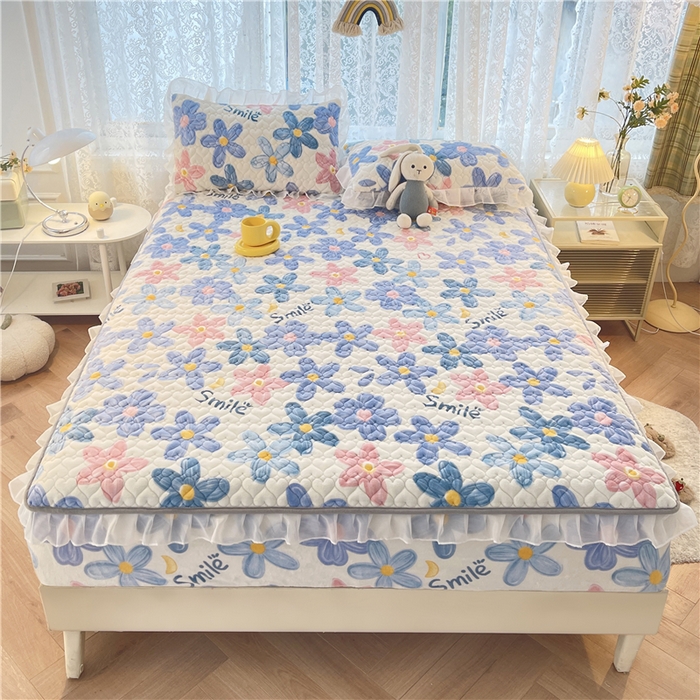 91家纺网 家纺一手货源 找家纺 喜居 2023新款印花牛奶绒床笠花边款牛奶绒床笠大豆夹棉床笠 缤纷花