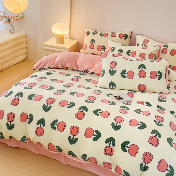 91家纺网 家纺一手货源 找家纺 木堇家居 2023新款牛奶绒印花四件套 粉郁金香