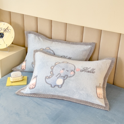 2023新款立体6D雪花绒加厚保暖系列单枕套 48x74cm一对 奶茶小龙-蓝