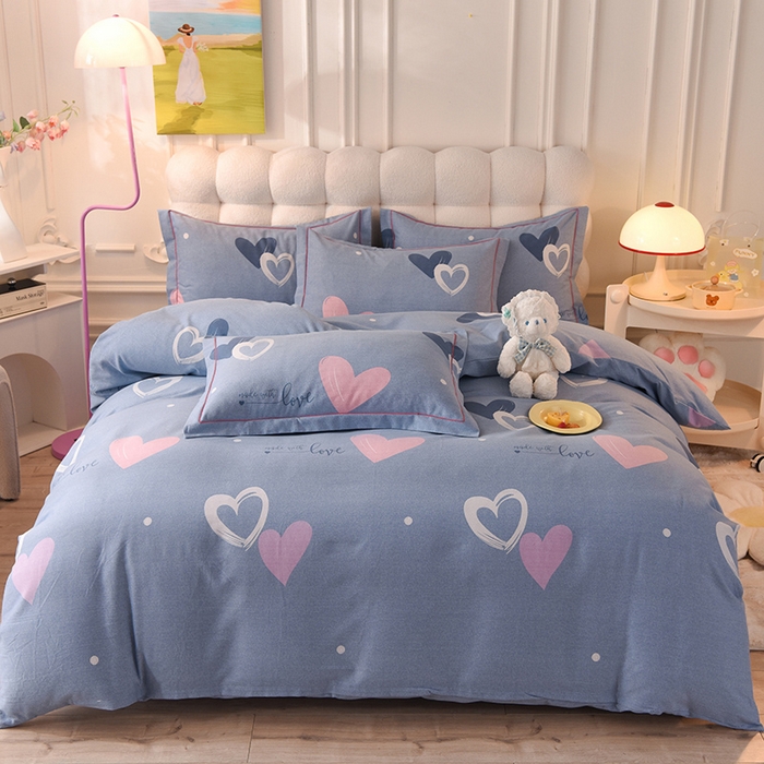 91家纺网 家纺一手货源 找家纺 简如   2025新款全棉磨毛印花四件套 心动连连-蓝