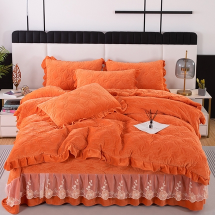 91家纺网 家纺一手货源 找家纺 （总）木兰花 2023新款宝宝绒婴儿绒纯色保暖加厚牛奶绒蕾丝刺绣夹棉床盖款四件套