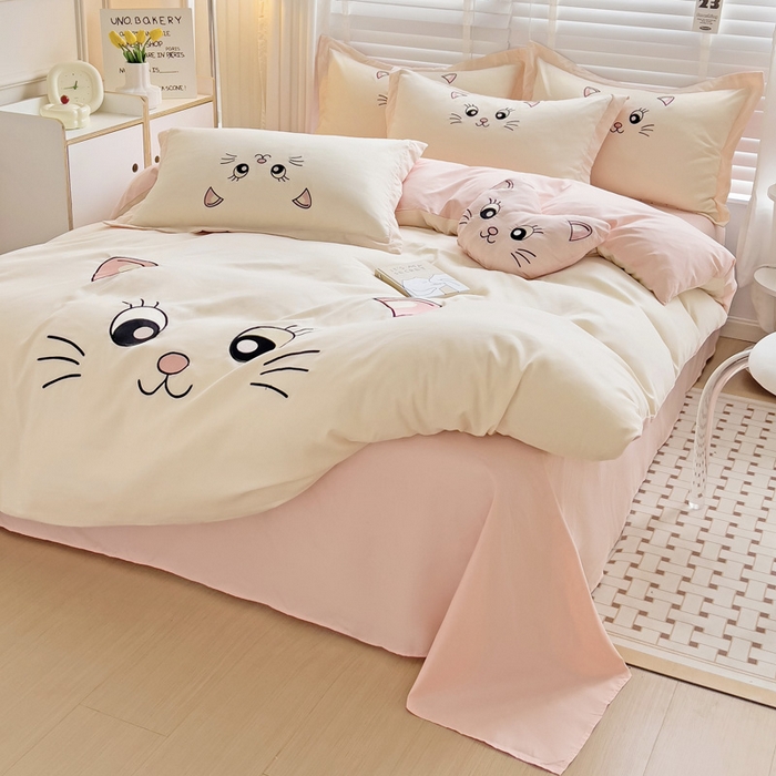 91家纺网 家纺一手货源 找家纺 娜娜 2023新款亲肤柔软水洗磨毛毛巾绣四件套-咪咪猫 咪咪猫-奶昔白