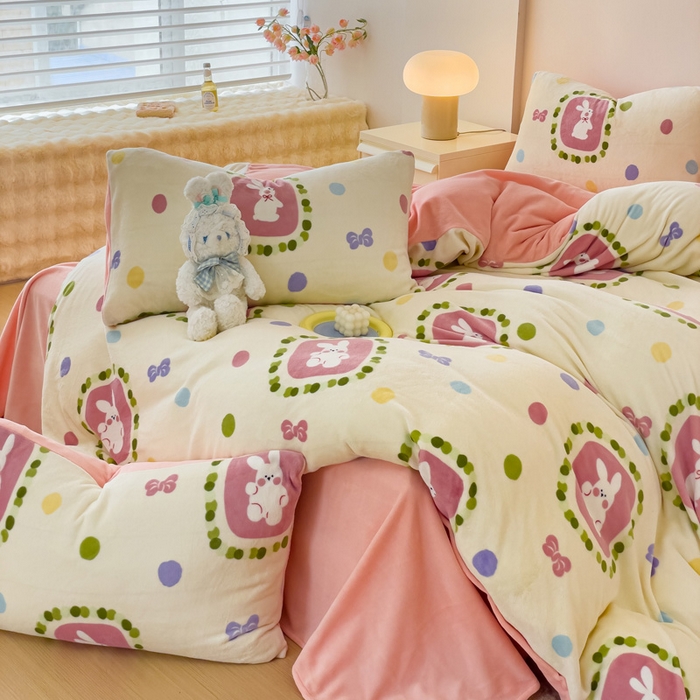 91家纺网 家纺一手货源 找家纺 木堇家居 2023新款牛奶绒印花四件套 波点小兔