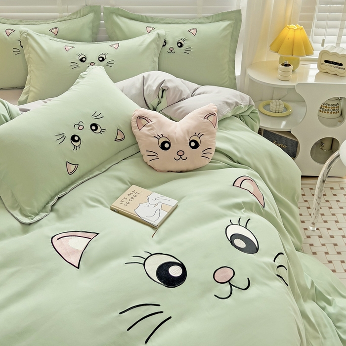 91家纺网 家纺一手货源 找家纺 娜娜 2023新款亲肤柔软水洗磨毛毛巾绣四件套-咪咪猫 咪咪猫-灰绿