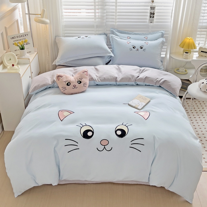 91家纺网 家纺一手货源 找家纺 娜娜 2023新款亲肤柔软水洗磨毛毛巾绣四件套-咪咪猫 咪咪猫-蓝灰