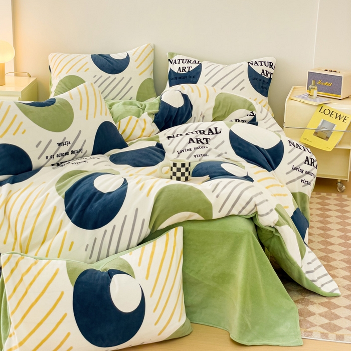 91家纺网 家纺一手货源 找家纺 木堇家居 2023新款牛奶绒印花四件套 极简绿