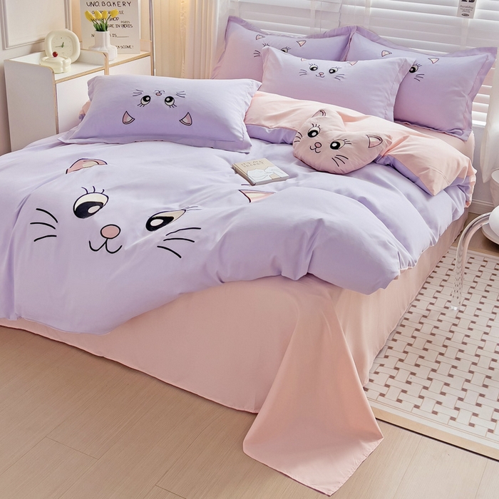 91家纺网 家纺一手货源 找家纺 娜娜 2023新款亲肤柔软水洗磨毛毛巾绣四件套-咪咪猫 咪咪猫-淡紫