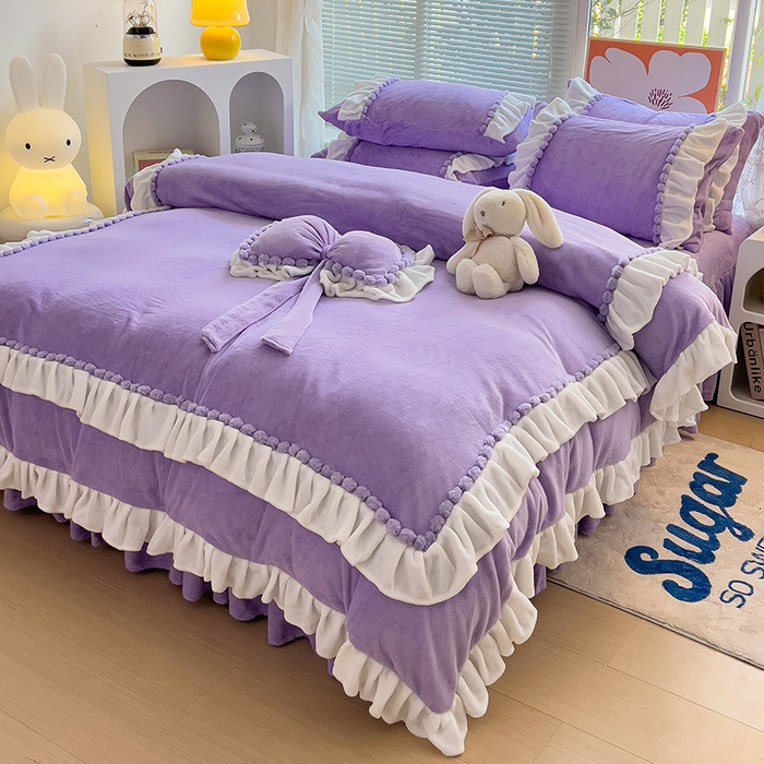 91家纺网 家纺一手货源 找家纺 言熙居 2024直播爆款9斤重高克重韩版纯色牛奶绒法莱绒小清新四件套 珍珠-浪漫紫