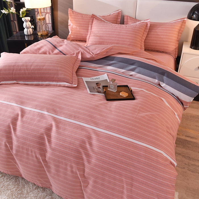 91家纺网 家纺一手货源 找家纺 简如   2025新款全棉磨毛印花四件套 间隔条纹-粉