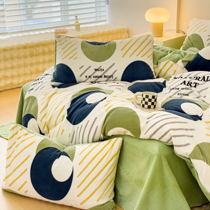 91家纺网 家纺一手货源 找家纺 木堇家居 2023新款牛奶绒印花四件套 极简绿