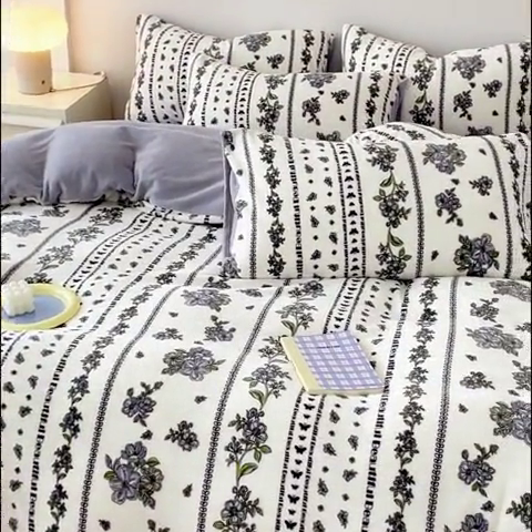 91家纺网 家纺一手货源 找家纺 木堇家居 2023新款牛奶绒印花四件套 法式浪漫