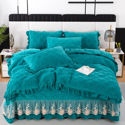 91家纺网 家纺一手货源 找家纺 （总）木兰花 2023新款宝宝绒婴儿绒纯色保暖加厚牛奶绒蕾丝刺绣夹棉床盖款四件套