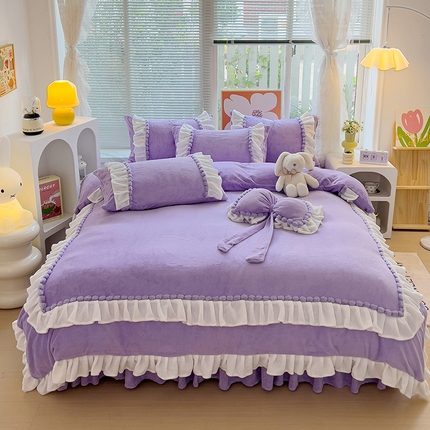 91家纺网 家纺一手货源 找家纺 言熙居 2024直播爆款9斤重高克重韩版纯色牛奶绒法莱绒小清新四件套 珍珠-浪漫紫
