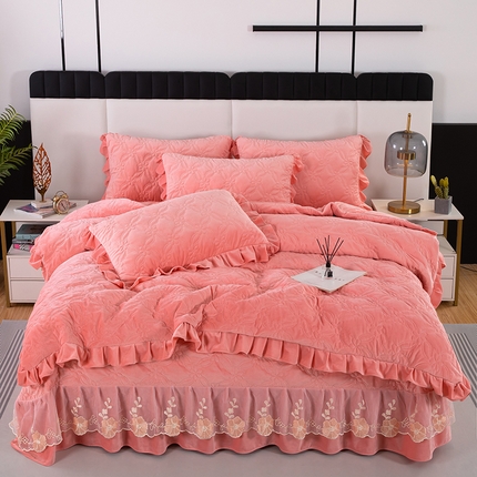 木兰花 2023新款宝宝绒婴儿绒纯色保暖加厚牛奶绒蕾丝刺绣夹棉床盖款四件套 丽莎-香妃玉