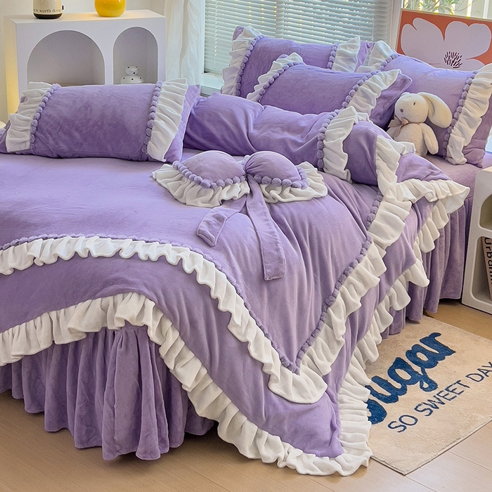 91家纺网 家纺一手货源 找家纺 言熙居 2024直播爆款9斤重高克重韩版纯色牛奶绒法莱绒小清新四件套 珍珠-浪漫紫