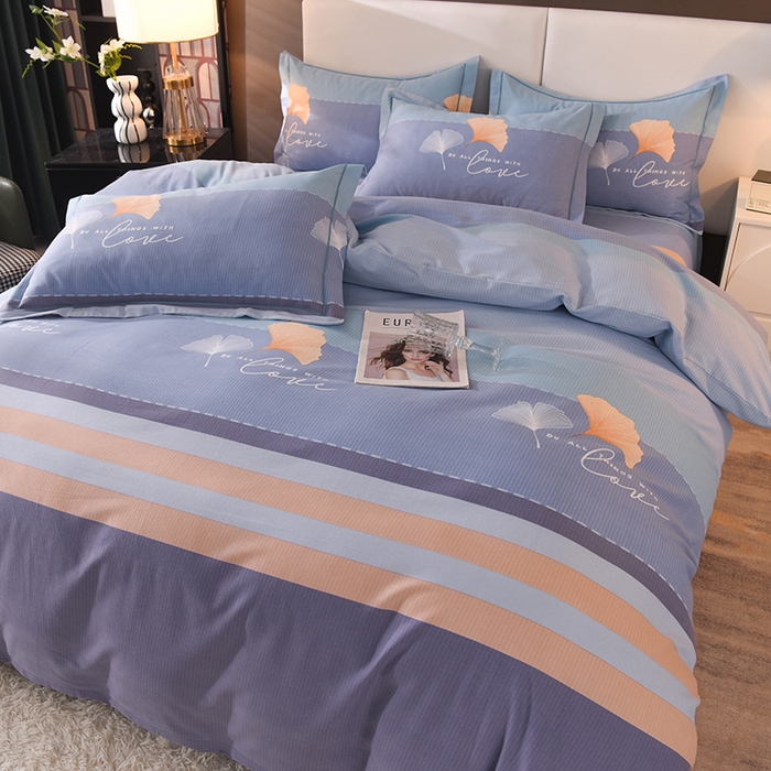 91家纺网 家纺一手货源 找家纺 简如   2025新款全棉磨毛印花四件套 若雨千叶-蓝