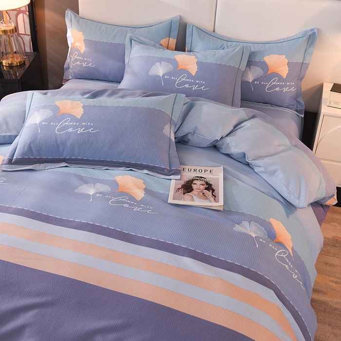 91家纺网 家纺一手货源 找家纺 简如   2025新款全棉磨毛印花四件套 若雨千叶-蓝