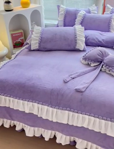 91家纺网 家纺一手货源 找家纺 言熙居 2024直播爆款9斤重高克重韩版纯色牛奶绒法莱绒小清新四件套 珍珠-浪漫紫