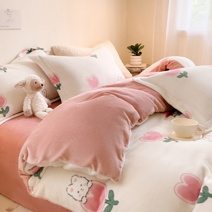 91家纺网 家纺一手货源 找家纺 宅部落 2023新款高克重牛奶绒四件套 郁金香小兔