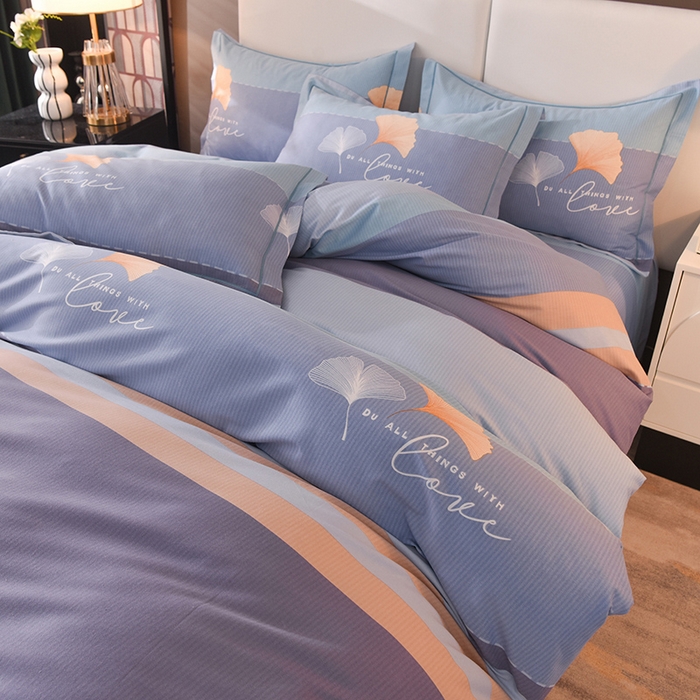 91家纺网 家纺一手货源 找家纺 简如   2025新款全棉磨毛印花四件套 若雨千叶-蓝