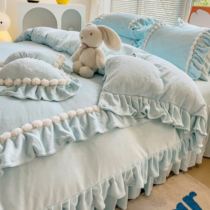 91家纺网 家纺一手货源 找家纺 言熙居 2023直播爆款高克重韩版纯色牛奶绒法莱绒小清新四件套 珍珠-天蓝