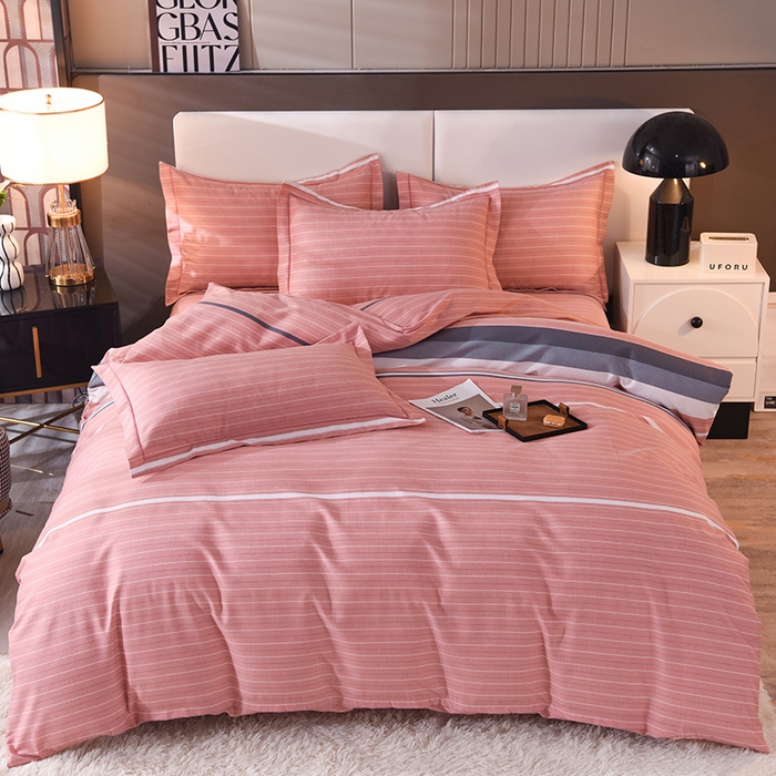 91家纺网 家纺一手货源 找家纺 简如   2025新款全棉磨毛印花四件套 间隔条纹-粉