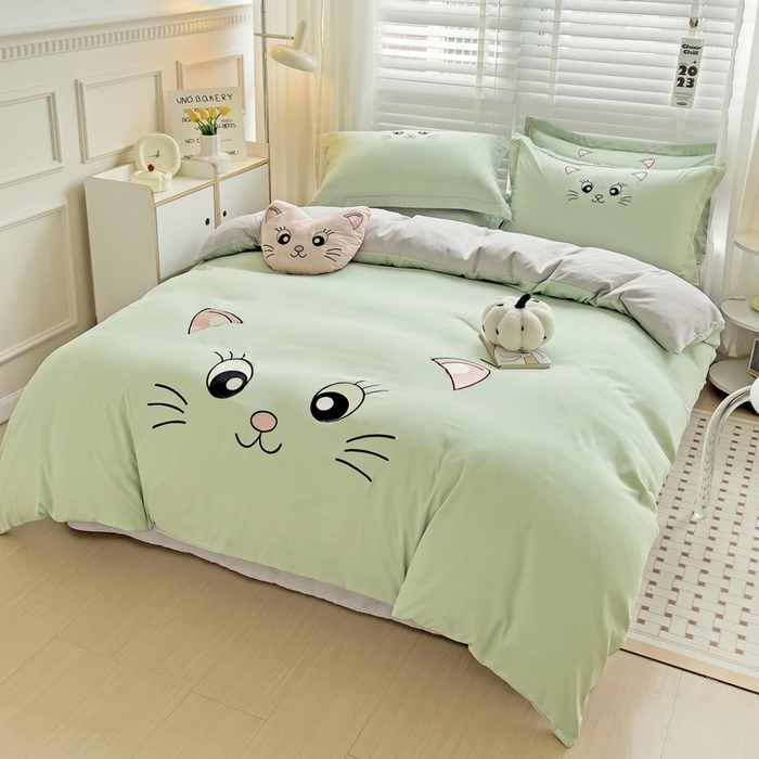 91家纺网 家纺一手货源 找家纺 娜娜 2023新款亲肤柔软水洗磨毛毛巾绣四件套-咪咪猫 咪咪猫-灰绿