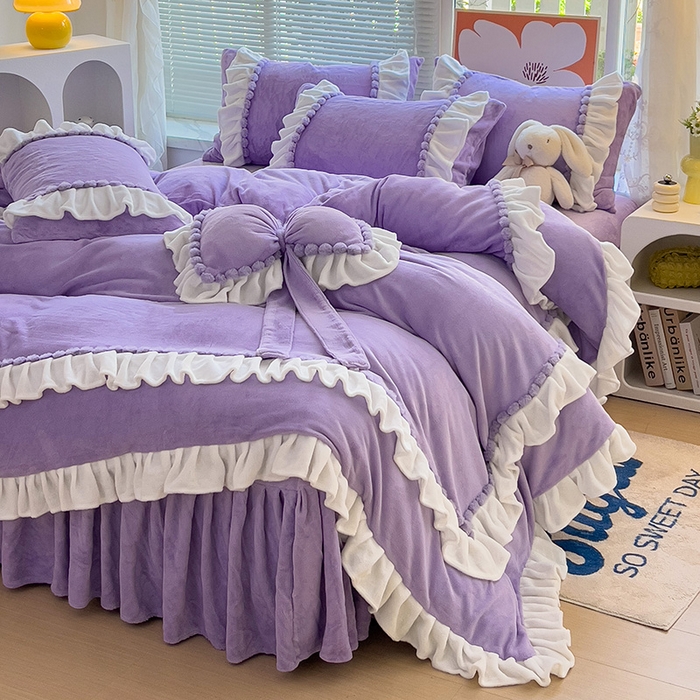 91家纺网 家纺一手货源 找家纺 言熙居 2024直播爆款9斤重高克重韩版纯色牛奶绒法莱绒小清新四件套 珍珠-浪漫紫