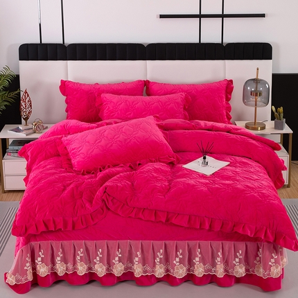 木兰花 2023新款宝宝绒婴儿绒纯色保暖加厚牛奶绒蕾丝刺绣夹棉床盖款四件套 丽莎-宝石绿