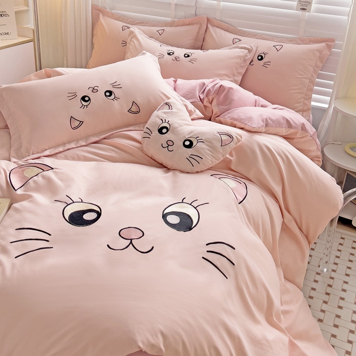 91家纺网 家纺一手货源 找家纺 娜娜 2023新款亲肤柔软水洗磨毛毛巾绣四件套-咪咪猫 咪咪猫-豆粉