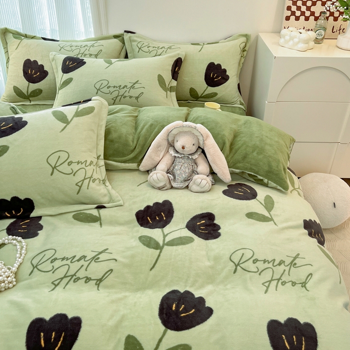 91家纺网 家纺一手货源 找家纺 寐居家纺 2023新款小清新印花牛奶绒单被套 花漫绿