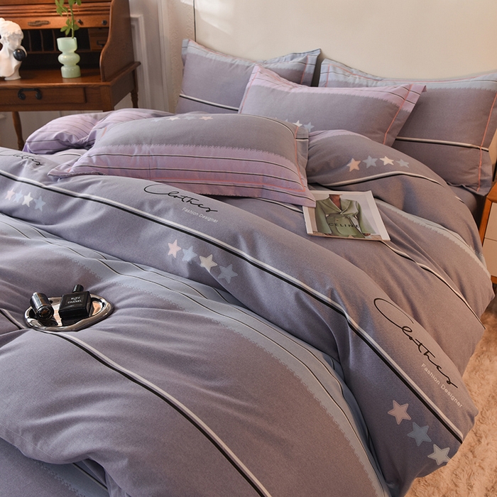 91家纺网 家纺一手货源 找家纺 简如  	2025新款全棉磨毛印花四件套 波尔蓝卡-灰