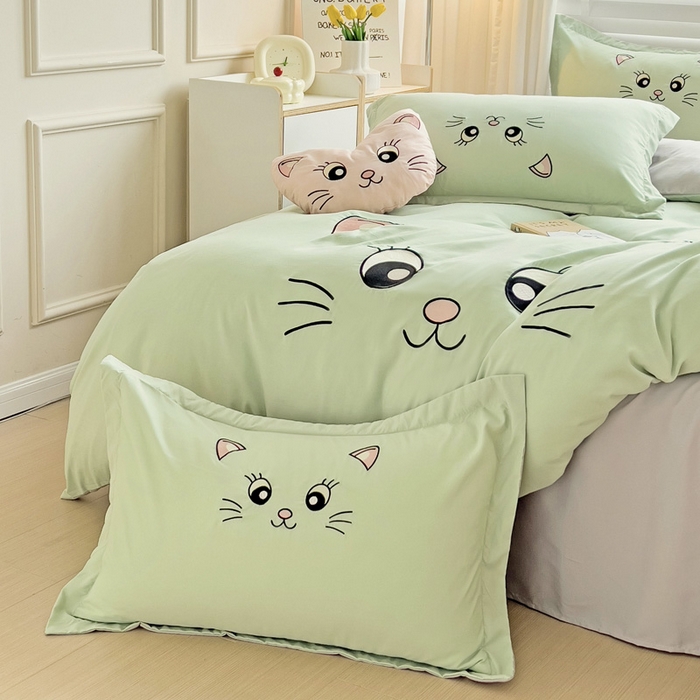 91家纺网 家纺一手货源 找家纺 娜娜 2023新款亲肤柔软水洗磨毛毛巾绣四件套-咪咪猫 咪咪猫-灰绿