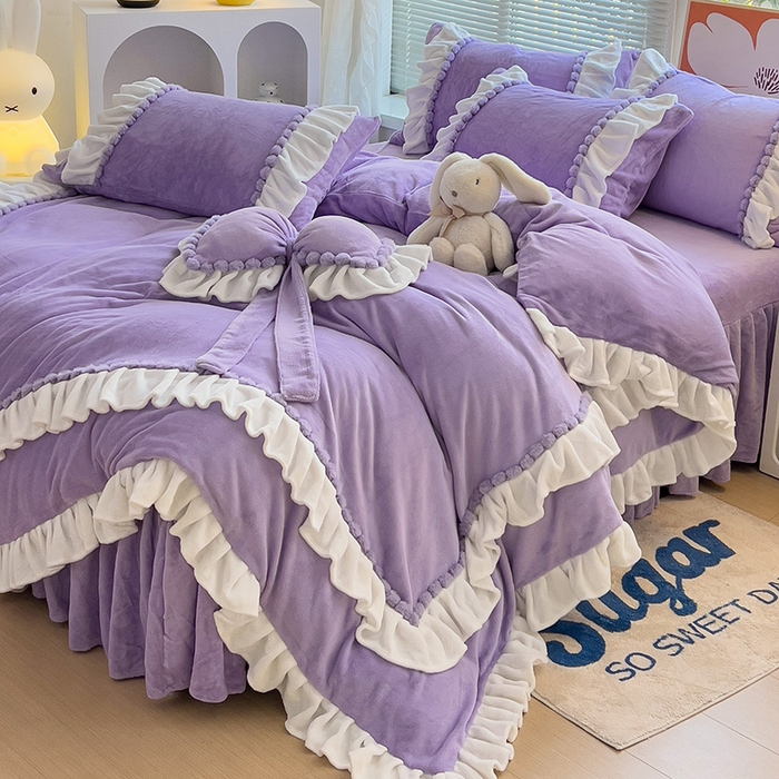 91家纺网 家纺一手货源 找家纺 言熙居 2024直播爆款9斤重高克重韩版纯色牛奶绒法莱绒小清新四件套 珍珠-浪漫紫