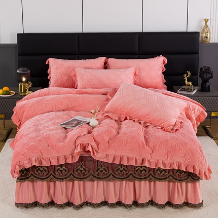 91家纺网 家纺一手货源 找家纺 （总）木兰花 2023新款宝宝绒婴儿绒纯色保暖加厚牛奶绒蕾丝刺绣夹棉床裙款四件套