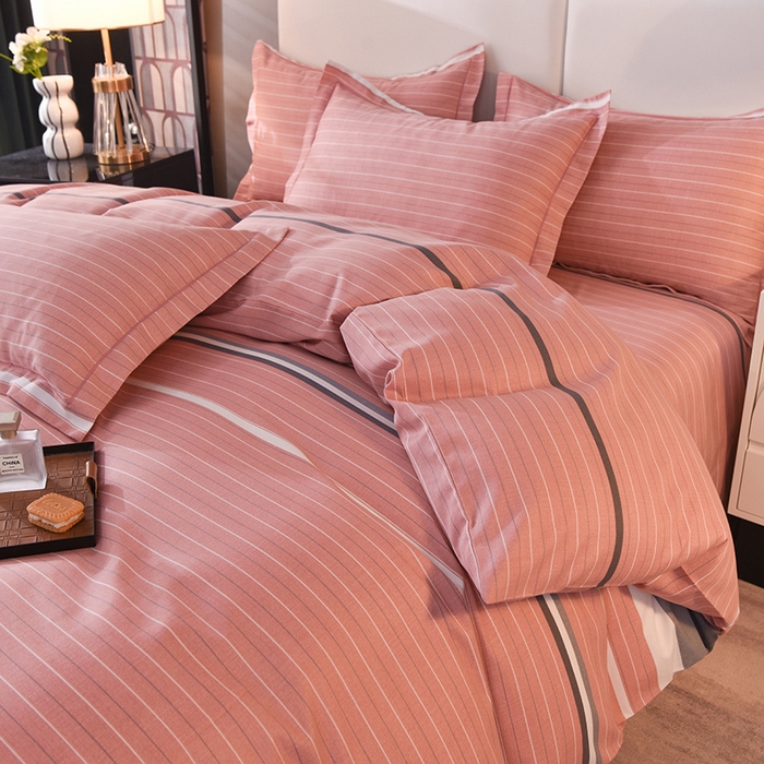 91家纺网 家纺一手货源 找家纺 简如   2025新款全棉磨毛印花四件套 间隔条纹-粉