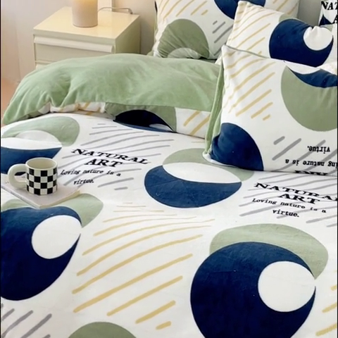 91家纺网 家纺一手货源 找家纺 木堇家居 2023新款牛奶绒印花四件套 极简绿