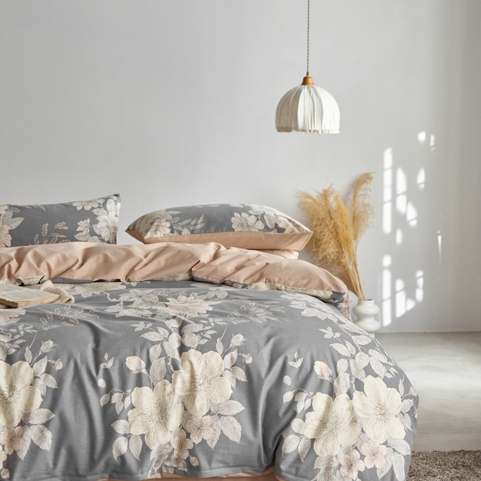 91家纺网 家纺一手货源 找家纺 时年2023新款全棉磨毛印花系列套件-花卉风格 薇甜-灰