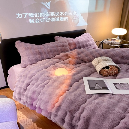 澳梵家居 2023舒芙蕾印花兔兔绒牛奶绒四件套 舒芙蕾-纯紫