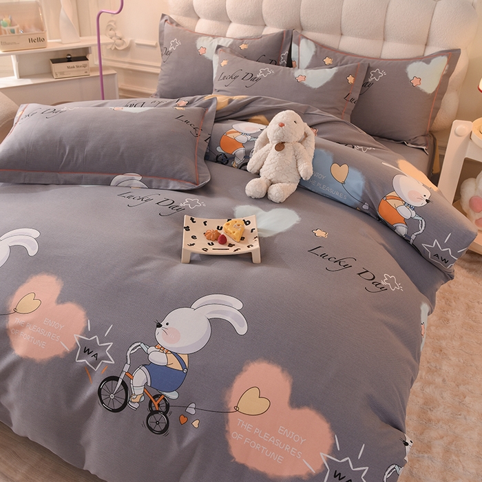 91家纺网 家纺一手货源 找家纺 简如   2025新款全棉磨毛印花四件套 彼得兔-灰