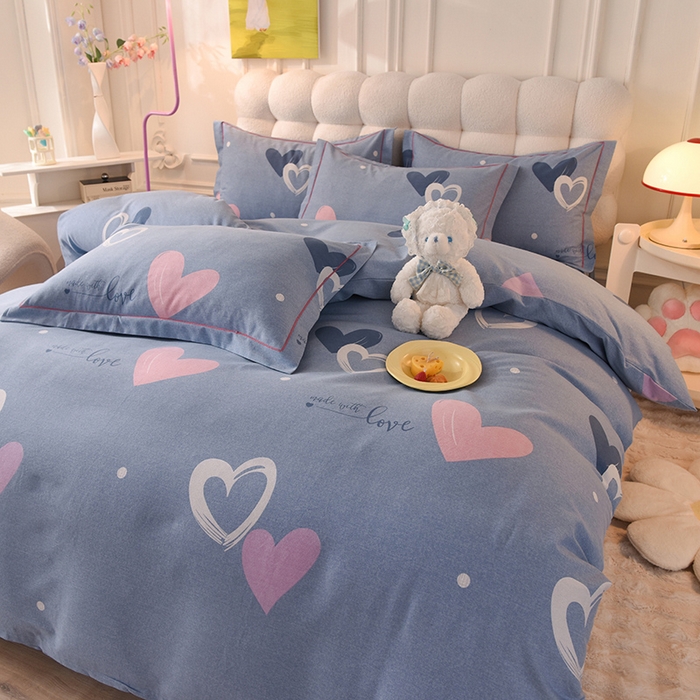 91家纺网 家纺一手货源 找家纺 简如   2025新款全棉磨毛印花四件套 心动连连-蓝