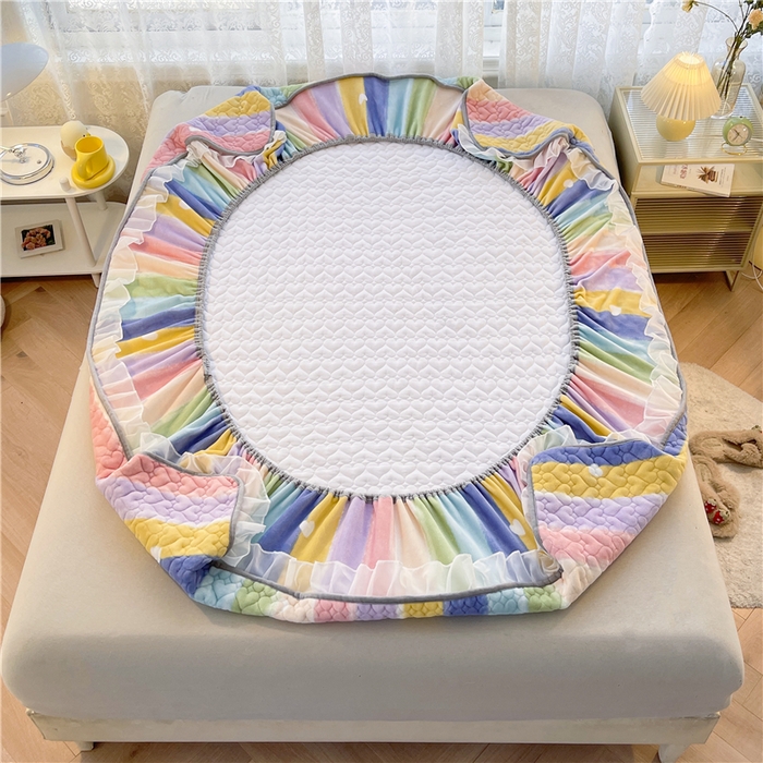 91家纺网 家纺一手货源 找家纺 喜居 2023新款印花牛奶绒床笠花边款牛奶绒床笠大豆夹棉床笠 彩虹桃子