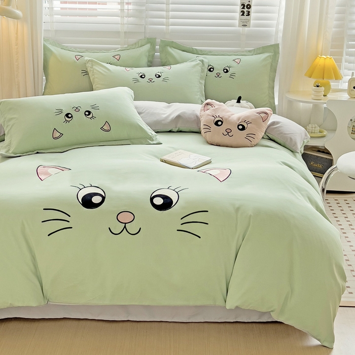 91家纺网 家纺一手货源 找家纺 娜娜 2023新款亲肤柔软水洗磨毛毛巾绣四件套-咪咪猫 咪咪猫-灰绿