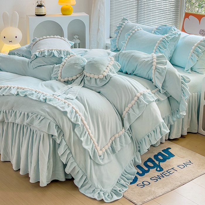 91家纺网 家纺一手货源 找家纺 言熙居 2023直播爆款高克重韩版纯色牛奶绒法莱绒小清新四件套 珍珠-天蓝